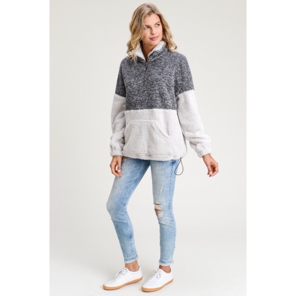 Two Tone Fuzzy Pull Over Sweater - Charcoal/Grey - Picture 2 of 6